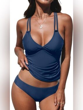 CUPSHE Blue Tankini 2Pc VNeck Crisscross
Double Strap Mid-Rise Swimsuit Womens S